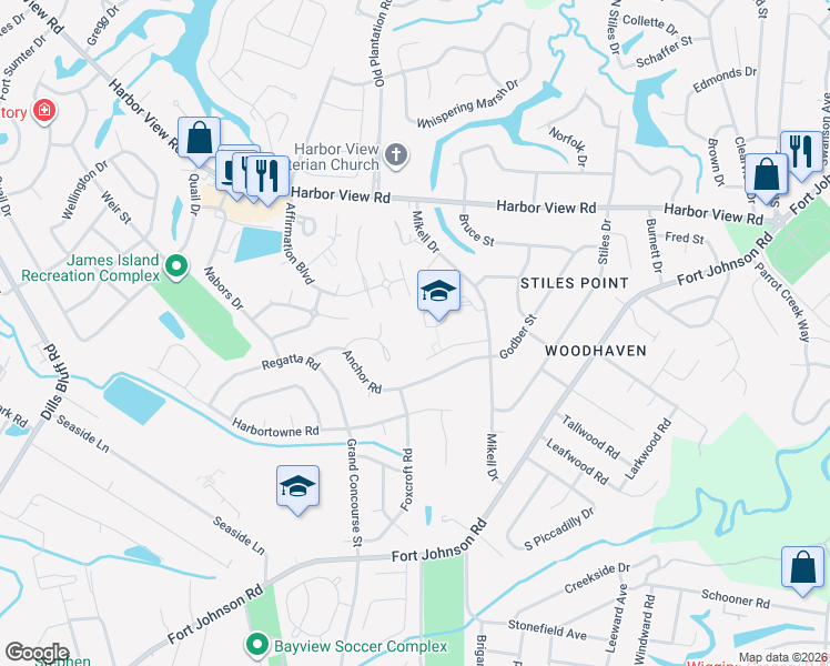 map of restaurants, bars, coffee shops, grocery stores, and more near 883 Mikell Drive in Charleston