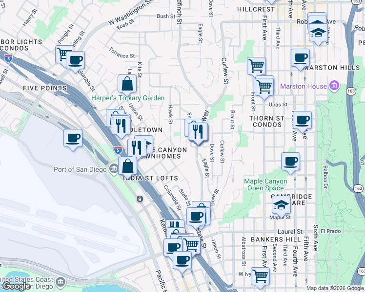 map of restaurants, bars, coffee shops, grocery stores, and more near 3115 Goldfinch Street in San Diego