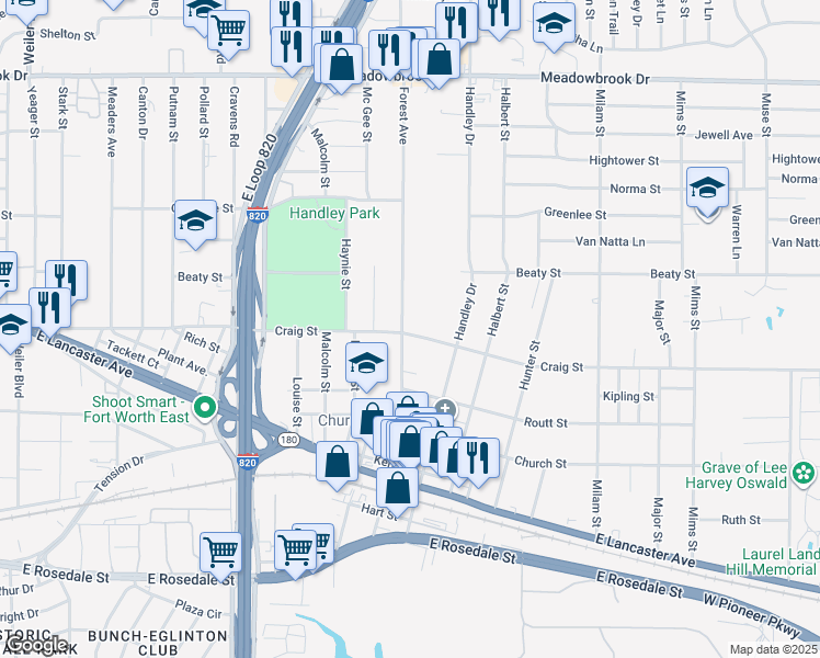 map of restaurants, bars, coffee shops, grocery stores, and more near 6524 Craig Street in Fort Worth