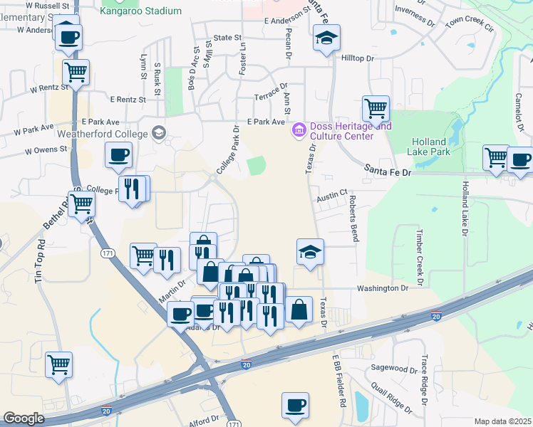map of restaurants, bars, coffee shops, grocery stores, and more near 1715 Martin Drive in Weatherford