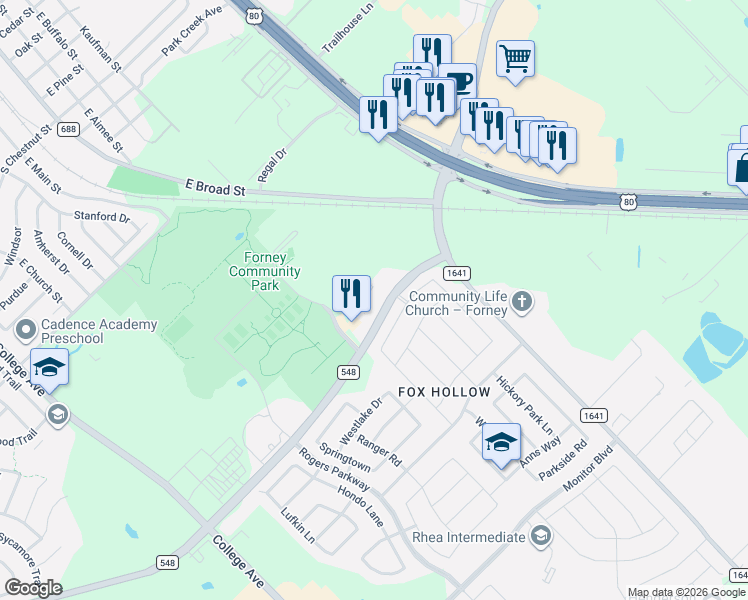 map of restaurants, bars, coffee shops, grocery stores, and more near S Fm 548 in Forney