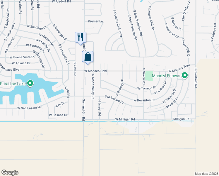 map of restaurants, bars, coffee shops, grocery stores, and more near 9340 West Reventon Drive in Arizona City