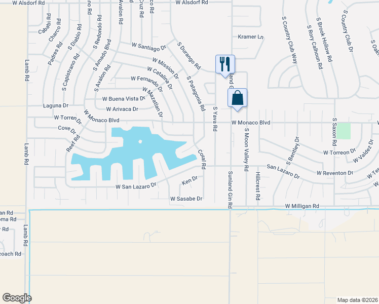 map of restaurants, bars, coffee shops, grocery stores, and more near 15841 South Patagonia Road in Arizona City