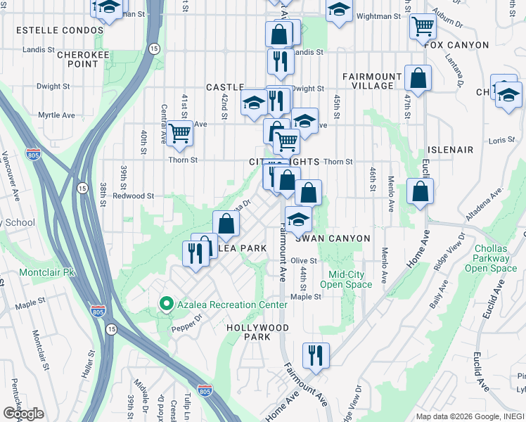map of restaurants, bars, coffee shops, grocery stores, and more near 4321 Poplar Street in San Diego