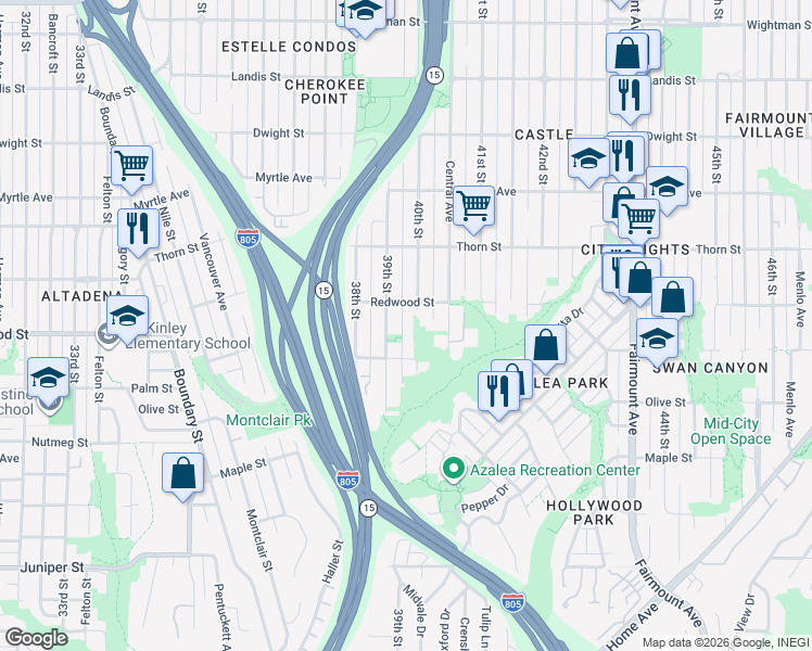 map of restaurants, bars, coffee shops, grocery stores, and more near 3062 40th Street in San Diego