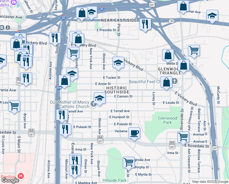 map of restaurants, bars, coffee shops, grocery stores, and more near 1139 East Cannon Street in Fort Worth