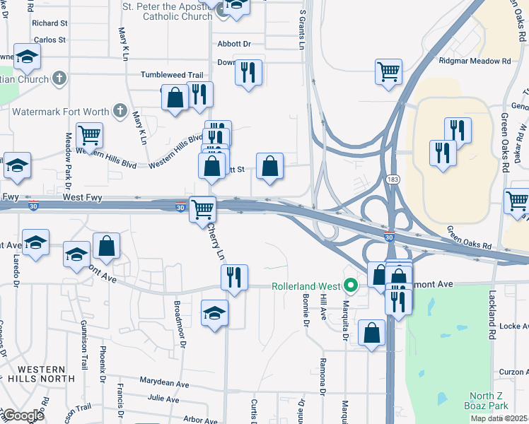 map of restaurants, bars, coffee shops, grocery stores, and more near 7817 West Freeway in Fort Worth