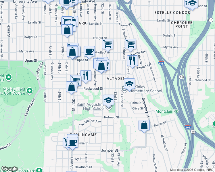 map of restaurants, bars, coffee shops, grocery stores, and more near 3114 Bancroft Street in San Diego