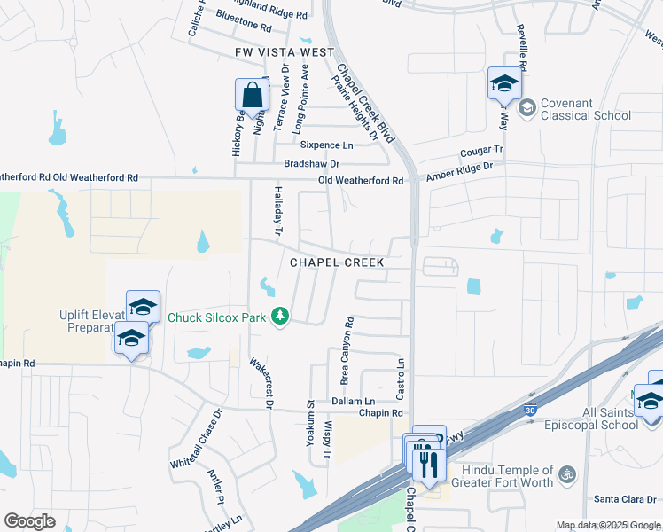 map of restaurants, bars, coffee shops, grocery stores, and more near 2400 Ensenada Lane in Fort Worth