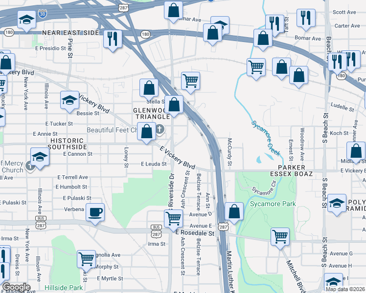 map of restaurants, bars, coffee shops, grocery stores, and more near 717 Cromwell Street in Fort Worth