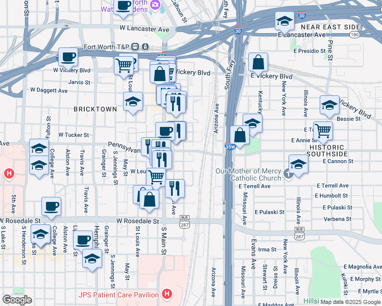 map of restaurants, bars, coffee shops, grocery stores, and more near 400 East Hattie Street in Fort Worth