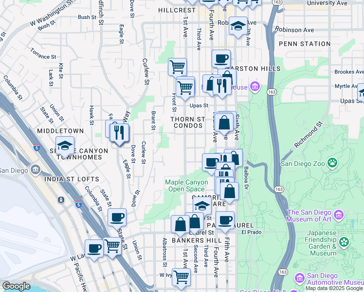 map of restaurants, bars, coffee shops, grocery stores, and more near 3072 1st Avenue in San Diego