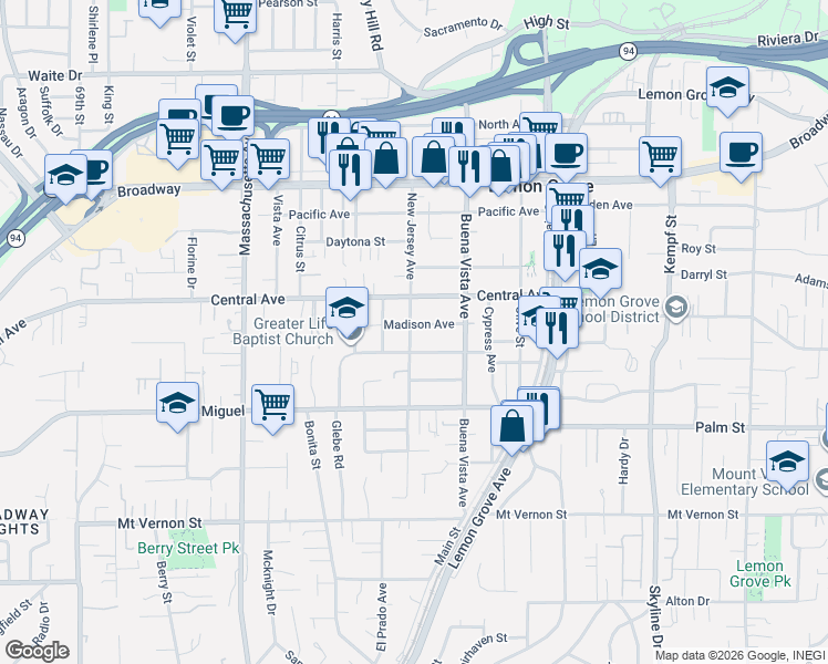 map of restaurants, bars, coffee shops, grocery stores, and more near 2985 New Jersey Avenue in Lemon Grove