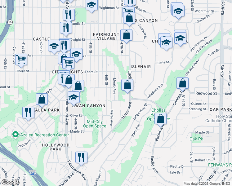 map of restaurants, bars, coffee shops, grocery stores, and more near 3030 Menlo Avenue in San Diego