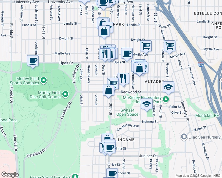 map of restaurants, bars, coffee shops, grocery stores, and more near in San Diego
