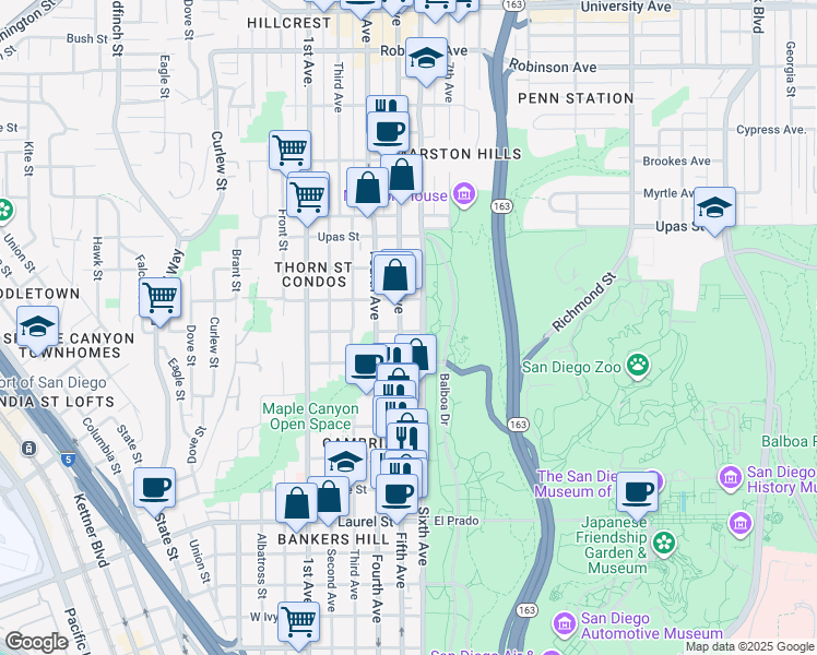 map of restaurants, bars, coffee shops, grocery stores, and more near 3088 Fifth Avenue in San Diego