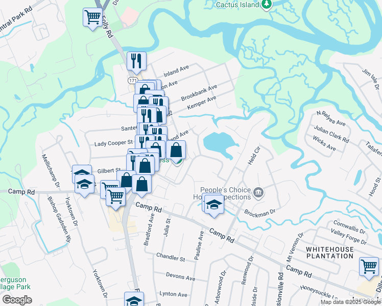 map of restaurants, bars, coffee shops, grocery stores, and more near 2 Commercial Row in Charleston