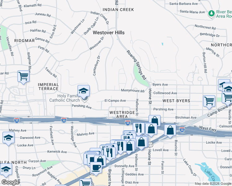 map of restaurants, bars, coffee shops, grocery stores, and more near 5853 Merrymount Road in Fort Worth