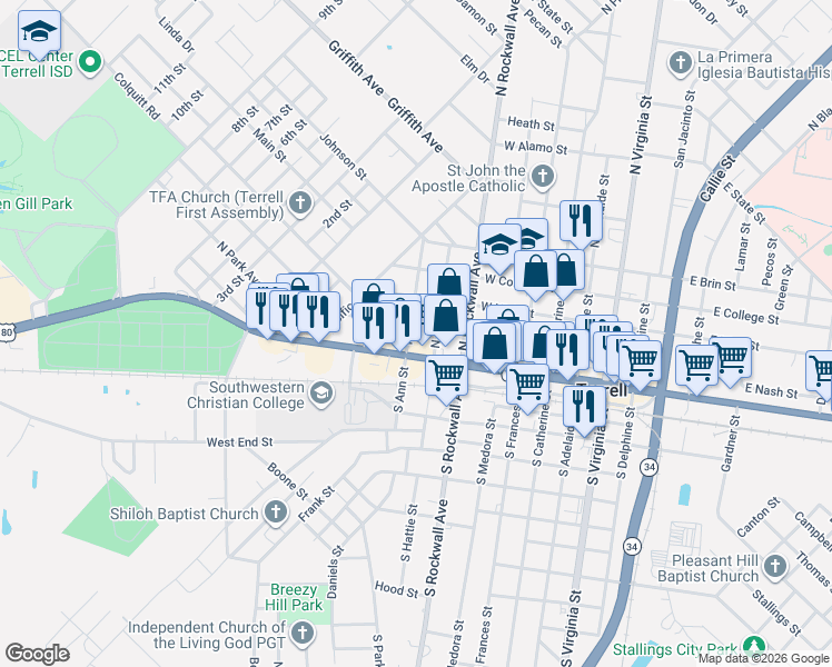 map of restaurants, bars, coffee shops, grocery stores, and more near 507 West Nash Street in Terrell