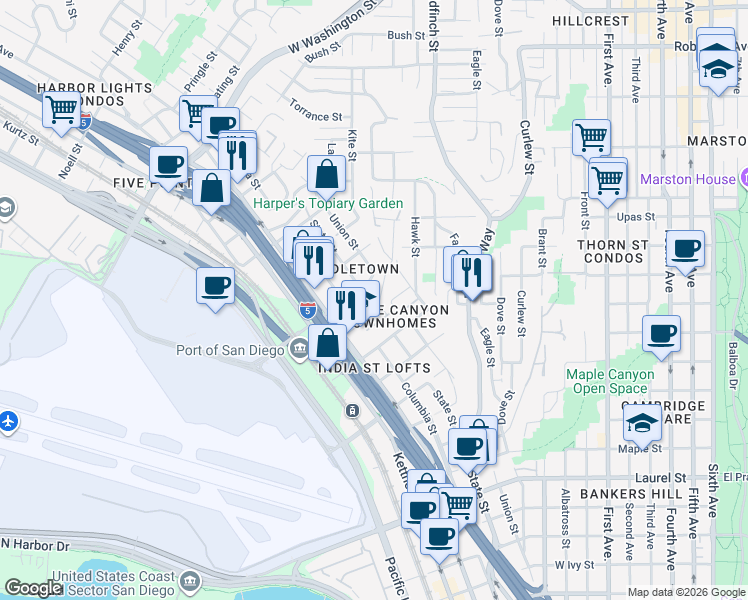 map of restaurants, bars, coffee shops, grocery stores, and more near 1202 West Spruce Street in San Diego