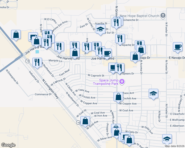 map of restaurants, bars, coffee shops, grocery stores, and more near 1114 West Caprock Street in Hobbs