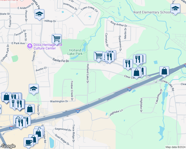 map of restaurants, bars, coffee shops, grocery stores, and more near 1650 Holland Lake Drive in Weatherford