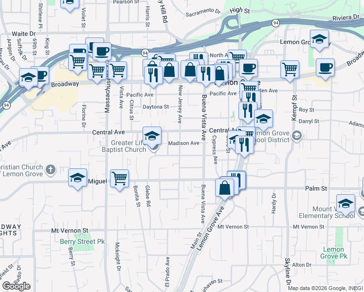 map of restaurants, bars, coffee shops, grocery stores, and more near 2985 New Jersey Avenue in Lemon Grove