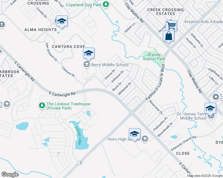 map of restaurants, bars, coffee shops, grocery stores, and more near 2621 Buck Drive in Mesquite