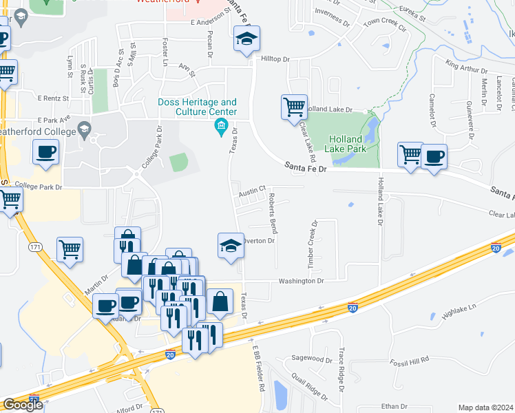 map of restaurants, bars, coffee shops, grocery stores, and more near 933 Heather Court in Weatherford
