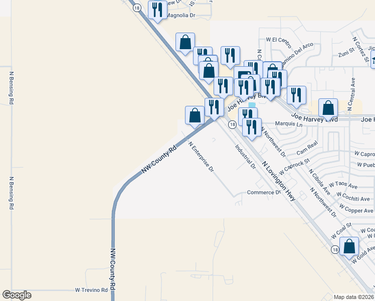 map of restaurants, bars, coffee shops, grocery stores, and more near 3405 North Enterprise Drive in Hobbs