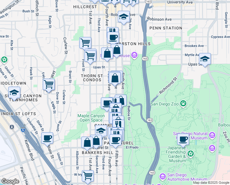 map of restaurants, bars, coffee shops, grocery stores, and more near 3088 Fifth Avenue in San Diego