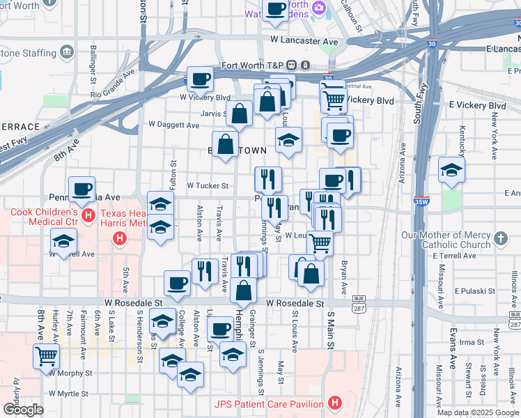 map of restaurants, bars, coffee shops, grocery stores, and more near 665 South Jennings Avenue in Fort Worth