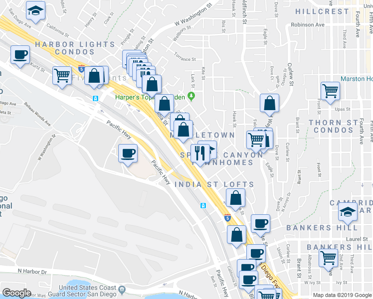 map of restaurants, bars, coffee shops, grocery stores, and more near 3347 India Street in San Diego