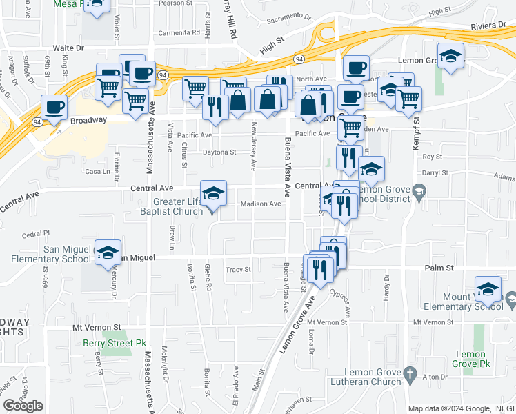 map of restaurants, bars, coffee shops, grocery stores, and more near 2985 New Jersey Avenue in Lemon Grove