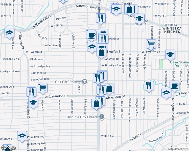 map of restaurants, bars, coffee shops, grocery stores, and more near 2421 Burlington Boulevard in Dallas