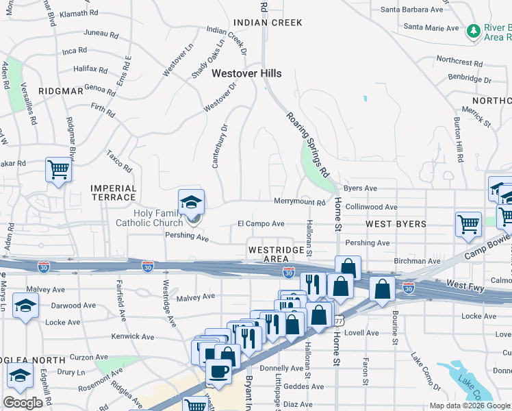 map of restaurants, bars, coffee shops, grocery stores, and more near 5853 Merrymount Road in Fort Worth