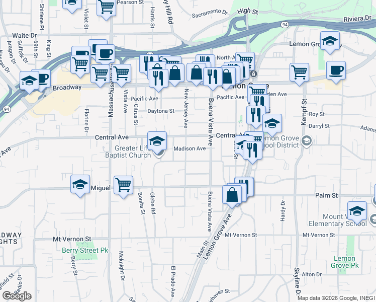 map of restaurants, bars, coffee shops, grocery stores, and more near 7522 Roosevelt Avenue in Lemon Grove