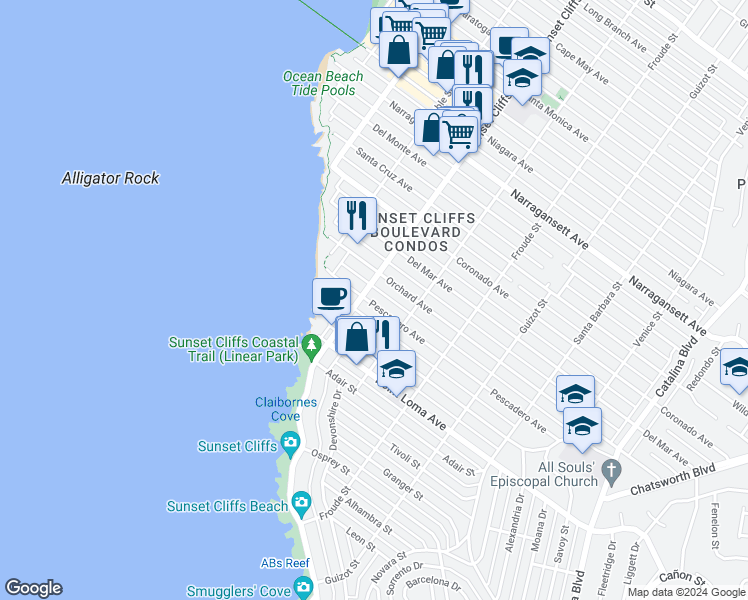 map of restaurants, bars, coffee shops, grocery stores, and more near 4776 Pescadero Avenue in San Diego