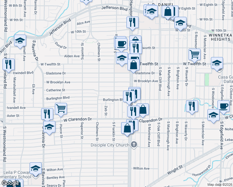 map of restaurants, bars, coffee shops, grocery stores, and more near 2507 Burlington Boulevard in Dallas