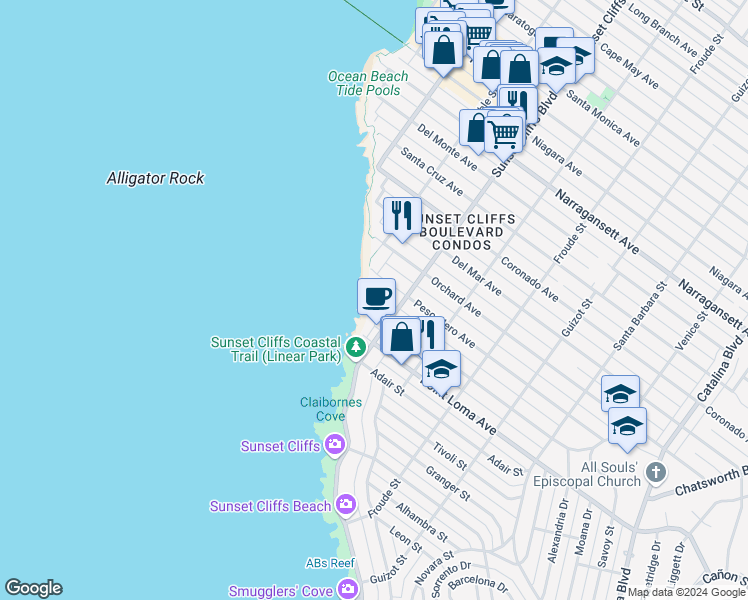 map of restaurants, bars, coffee shops, grocery stores, and more near 4848 Bermuda Avenue in San Diego