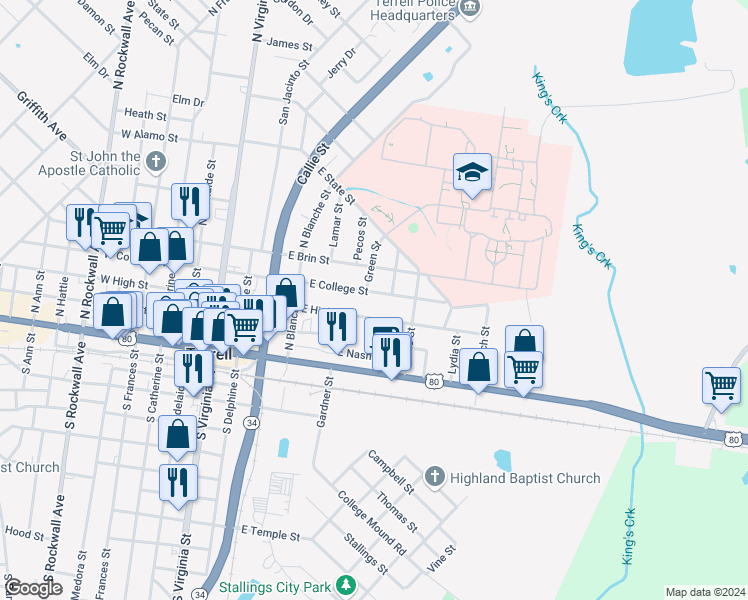 map of restaurants, bars, coffee shops, grocery stores, and more near 804 East College Street in Terrell