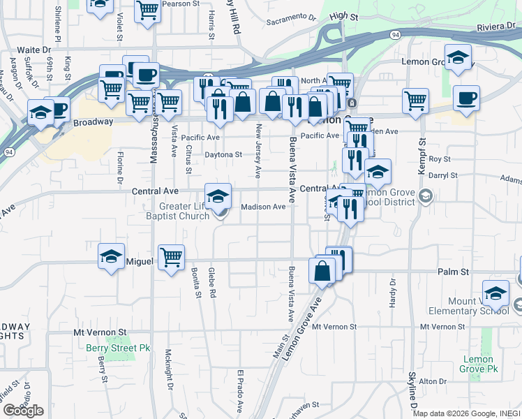 map of restaurants, bars, coffee shops, grocery stores, and more near 7522 Roosevelt Avenue in Lemon Grove