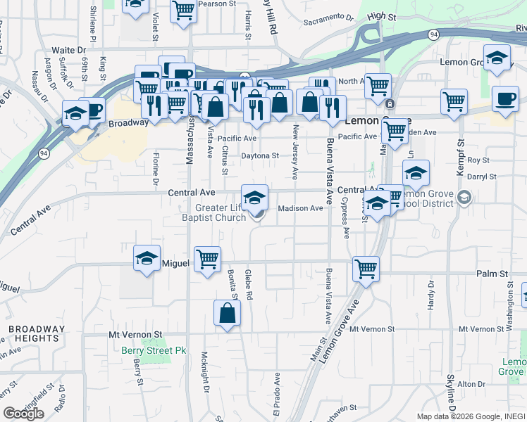 map of restaurants, bars, coffee shops, grocery stores, and more near 2770 Glebe Road in Lemon Grove
