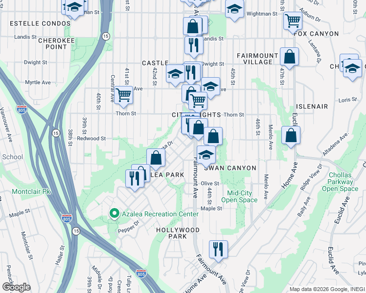 map of restaurants, bars, coffee shops, grocery stores, and more near 4321 Poplar Street in San Diego