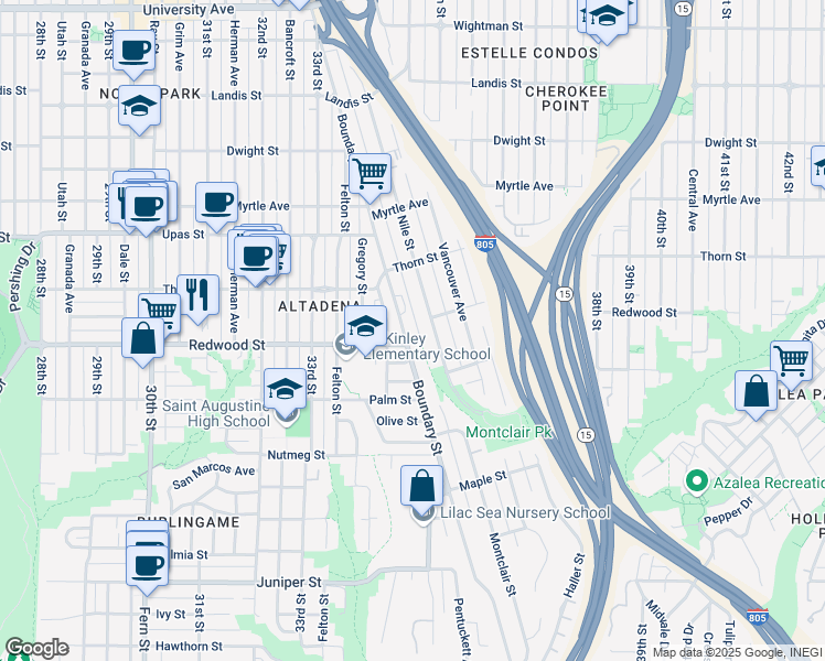 map of restaurants, bars, coffee shops, grocery stores, and more near 3062 Nile Street in San Diego