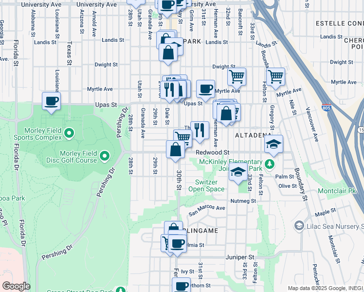 map of restaurants, bars, coffee shops, grocery stores, and more near in San Diego