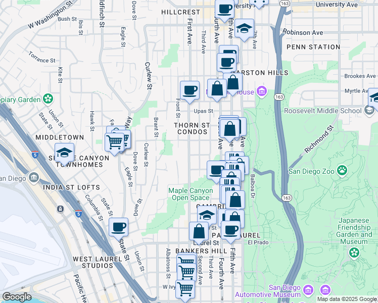 map of restaurants, bars, coffee shops, grocery stores, and more near 3070 2nd Avenue in San Diego
