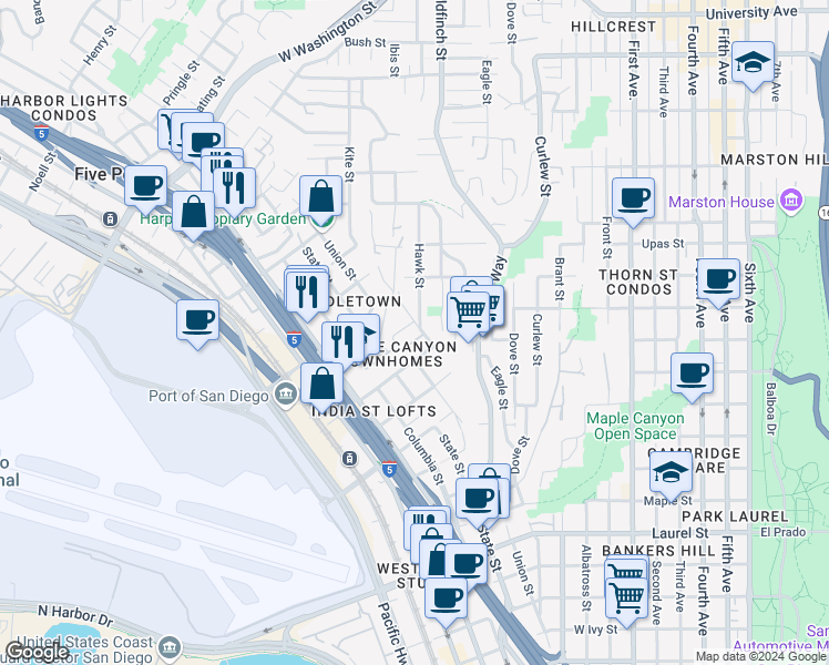 map of restaurants, bars, coffee shops, grocery stores, and more near 1075 West Spruce Street in San Diego