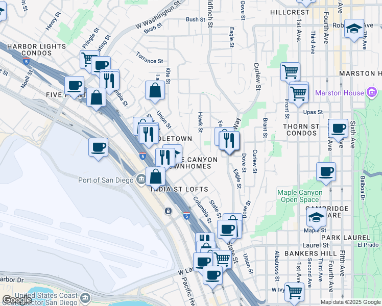 map of restaurants, bars, coffee shops, grocery stores, and more near 1075 West Spruce Street in San Diego
