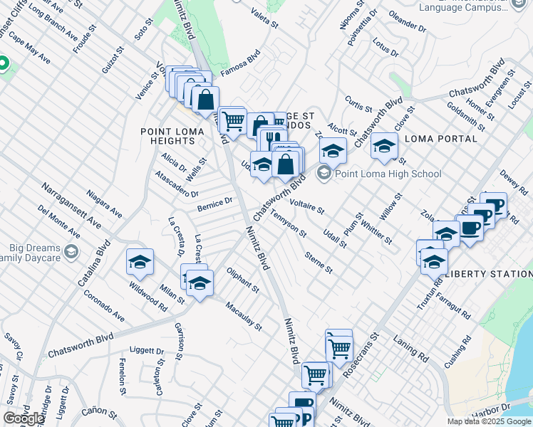 map of restaurants, bars, coffee shops, grocery stores, and more near 3662 Quimby Street in San Diego